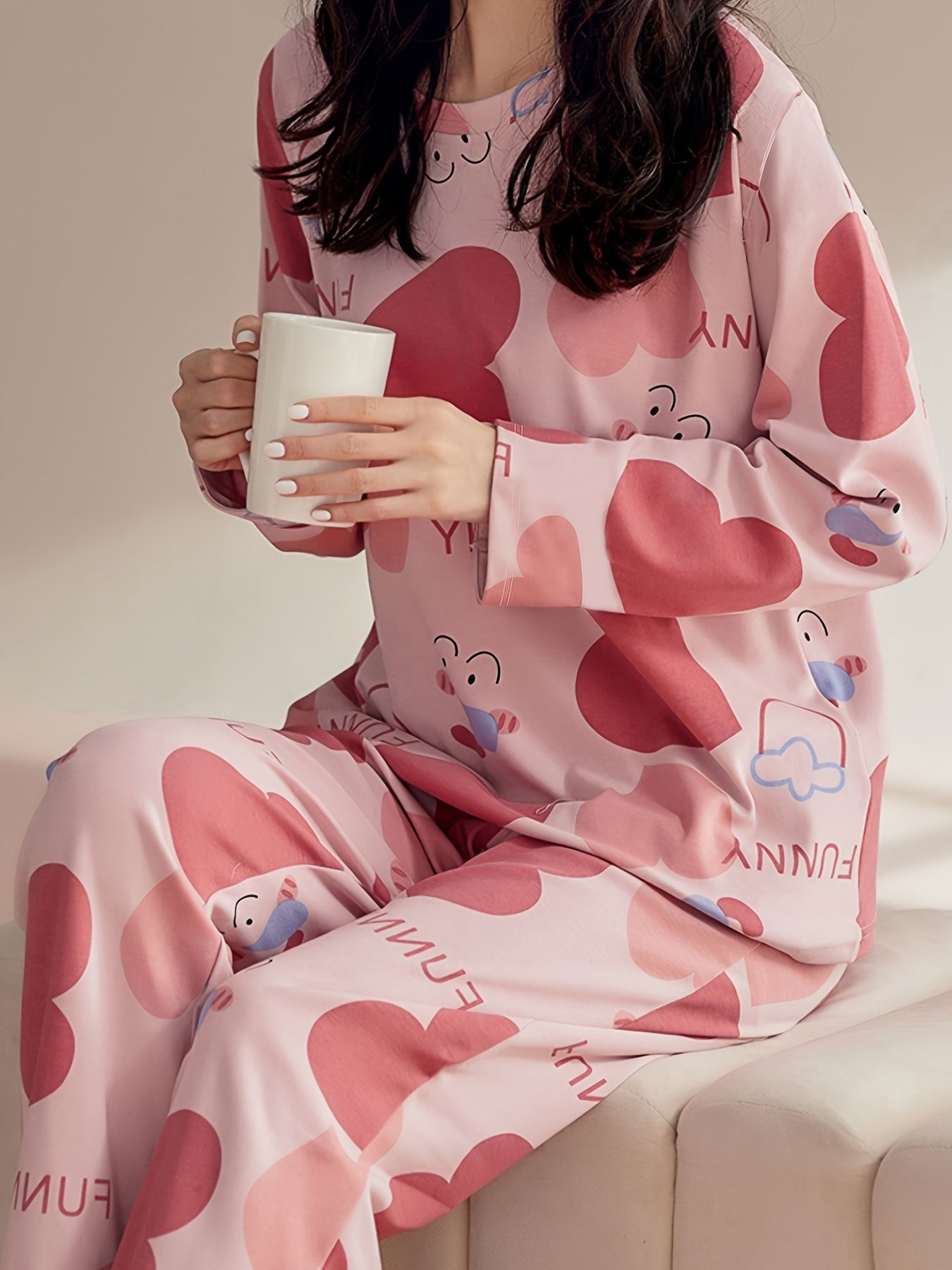 Heart Print Pajama Set Long Sleeve Crew Neck Top & Pants