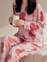 Heart Print Pajama Set Long Sleeve Crew Neck Top & Pants