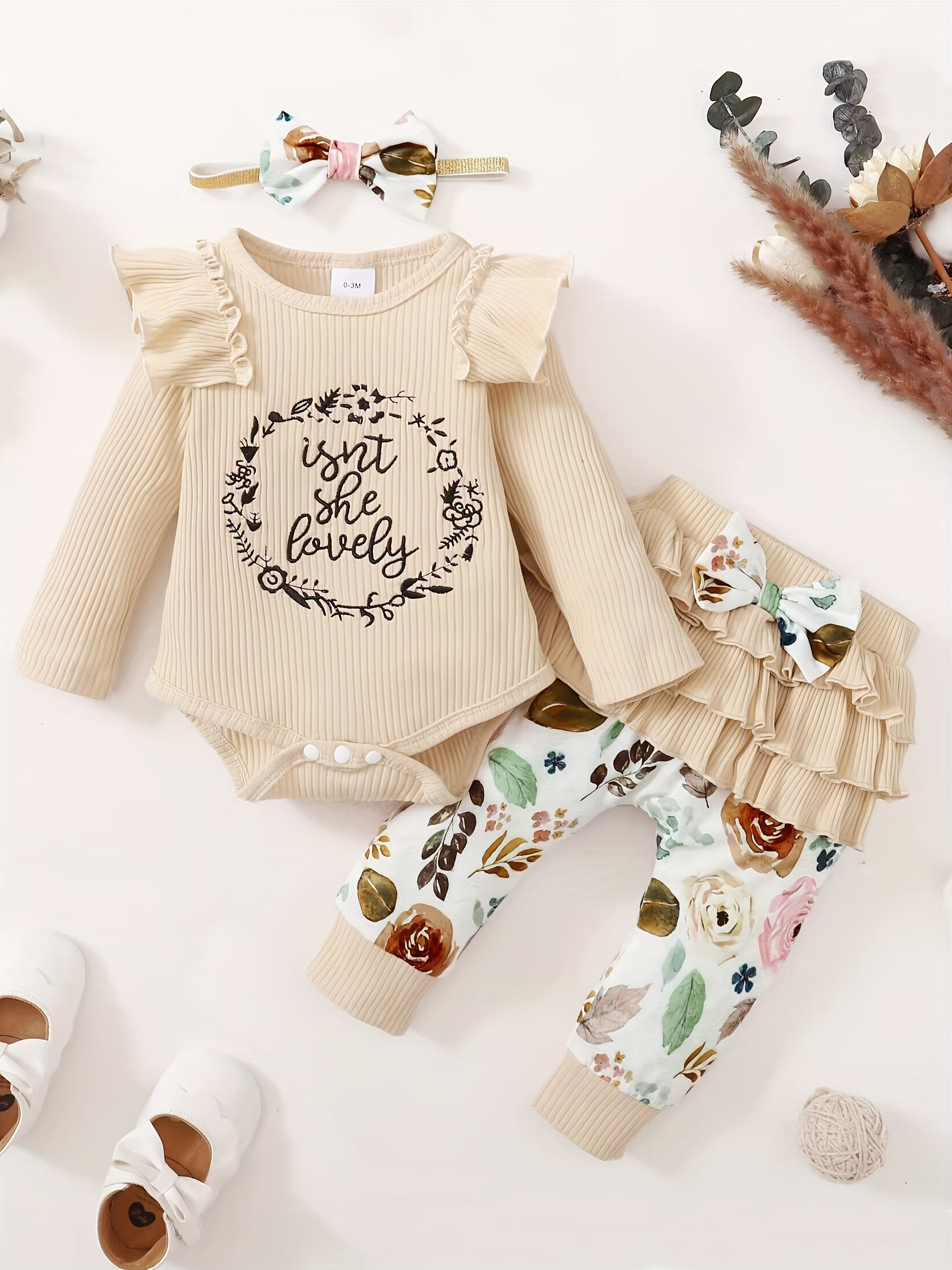 Baby Girls Outfit Lovely Print Romper Bow Skirt Pants Headband 3pcs Set