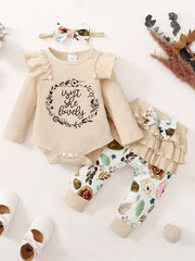 Baby Girls Outfit Lovely Print Romper Bow Skirt Pants Headband 3pcs Set