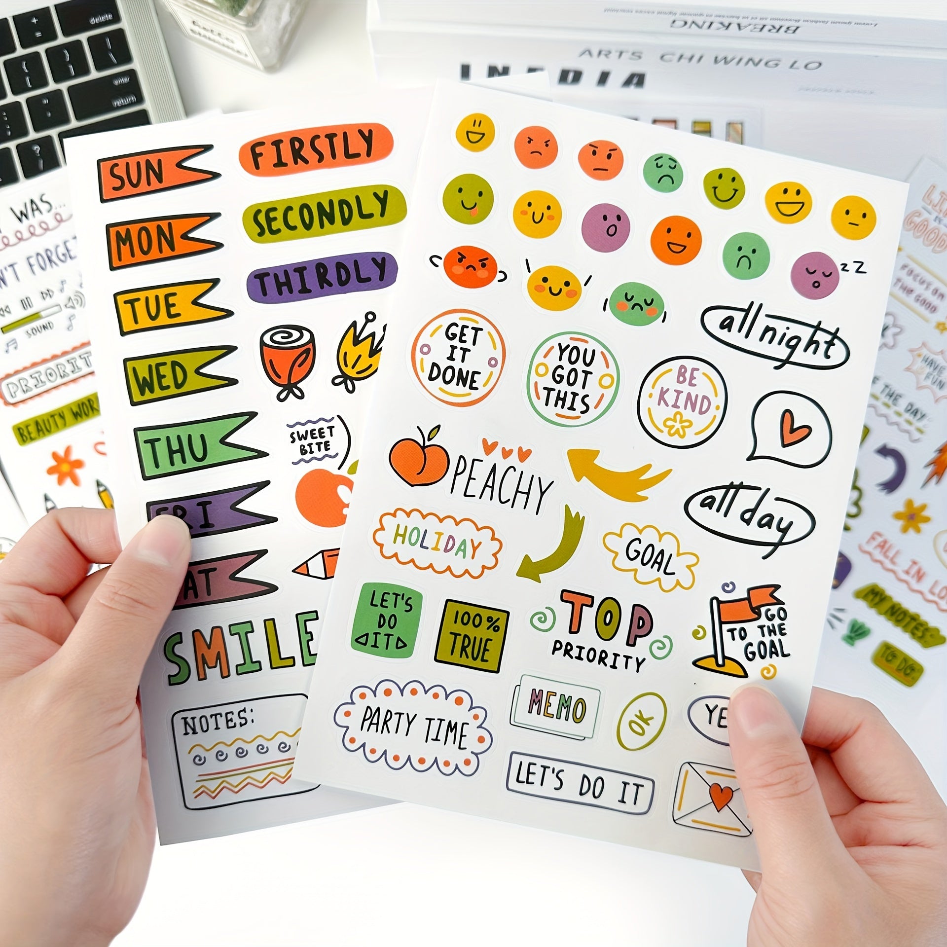 8 Sheets Hand Drawn Planner Stickers Set for Office, School, and Home Use
