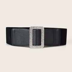 Rhinestone Inlaid Buckle Wide Belt Elastic Dress Coat Girdle