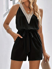 Guipure Lace Tie Waist Romper Casual Sleeveless V neck Romper Jumpsuit