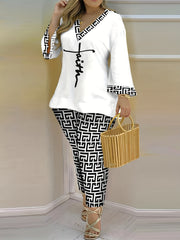 Women's Plus Geometric Print Bell Sleeve V Neck Top & Pants Set