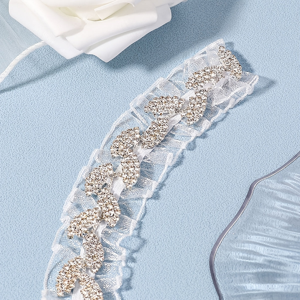Rhinestone Leaf Lace Bridal Garter, Flower Lace Belt, Stretch Garter, Costume