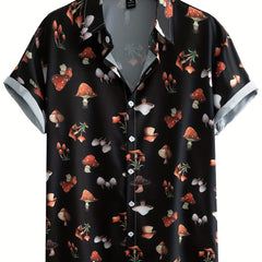 Men's Casual Mushroom Print Button Up Short Sleeve Shirt