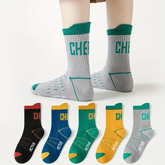 5 Pairs Boy's Mid Crew Letter Sport Socks
