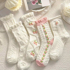 5 Pairs Floral Print & Ruffle Trim Socks Women's Stockings