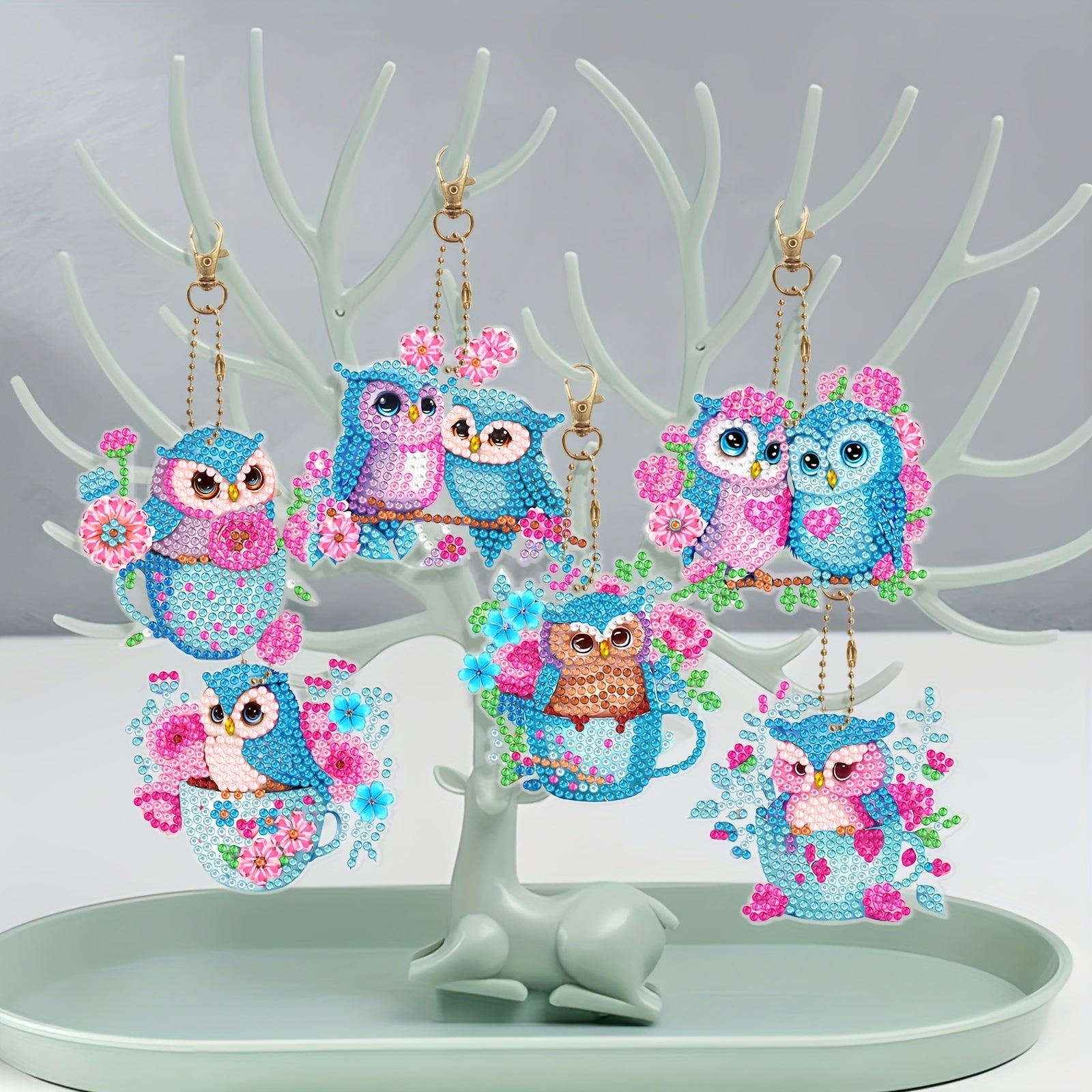 6pcs DIY Pink Owl Diamond Painting Keychain Kit