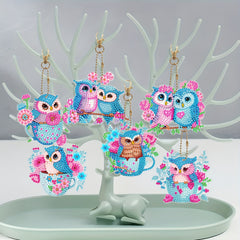 6pcs DIY Pink Owl Diamond Painting Keychain Kit