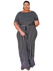 Striped Wide Leg Short Sleeve Jumpsuit Women's Plus Medium Stretch