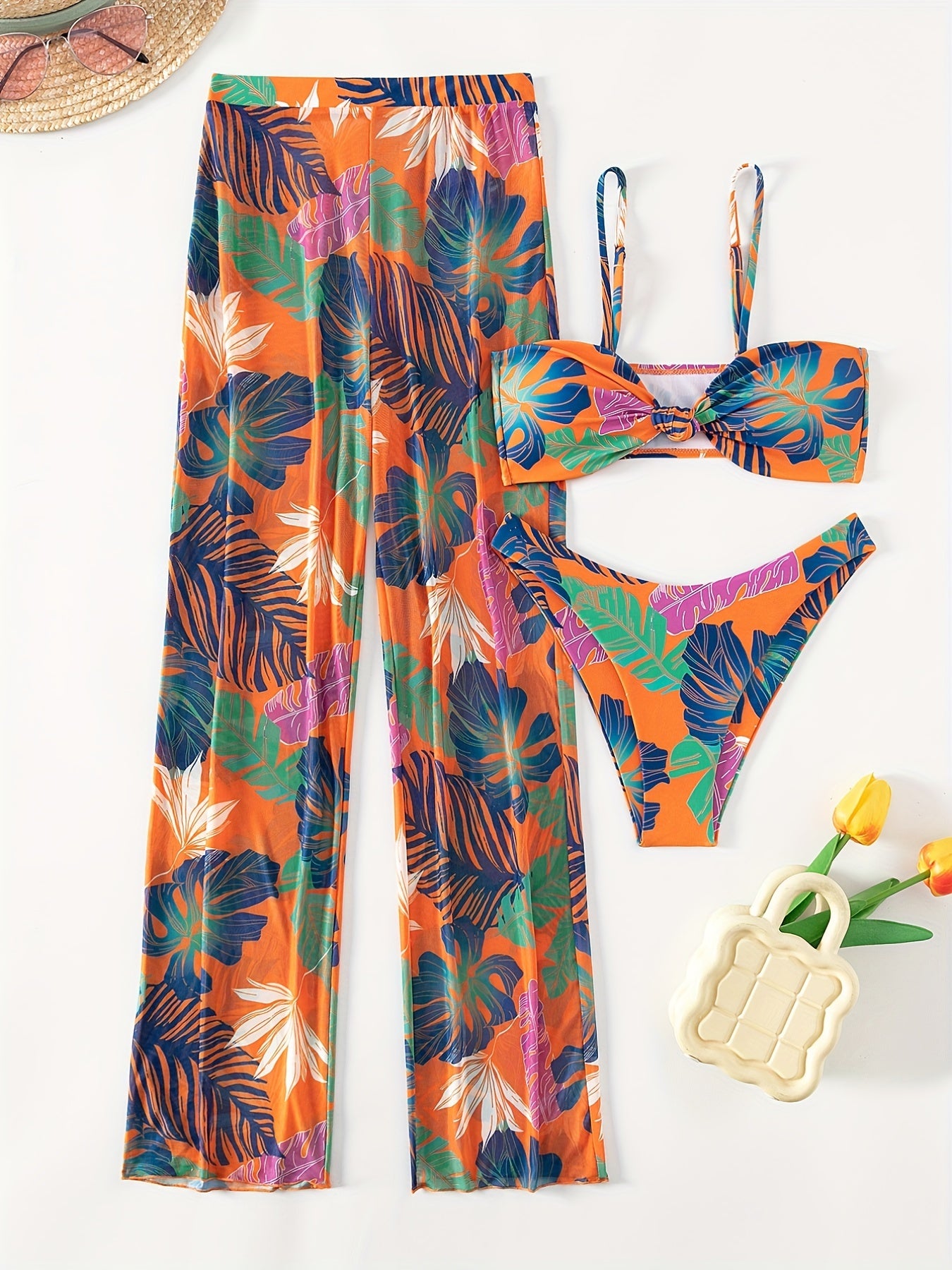 Plant Graphic Bikini Set with Cover Up Pant Swimsuit