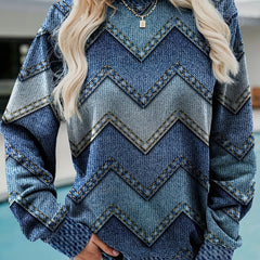 Denim Print Pullover Sweatshirt Long Sleeve Crew Neck Casual Fall Winter