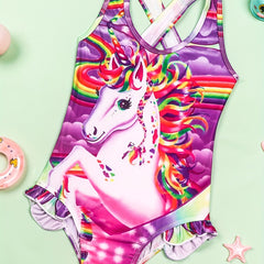 Toddler Girls Rainbow Unicorn One Piece Swimsuit Ruffle Trim