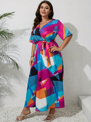 Casual Colorblock Geometric Print Maxi Dress With Belt