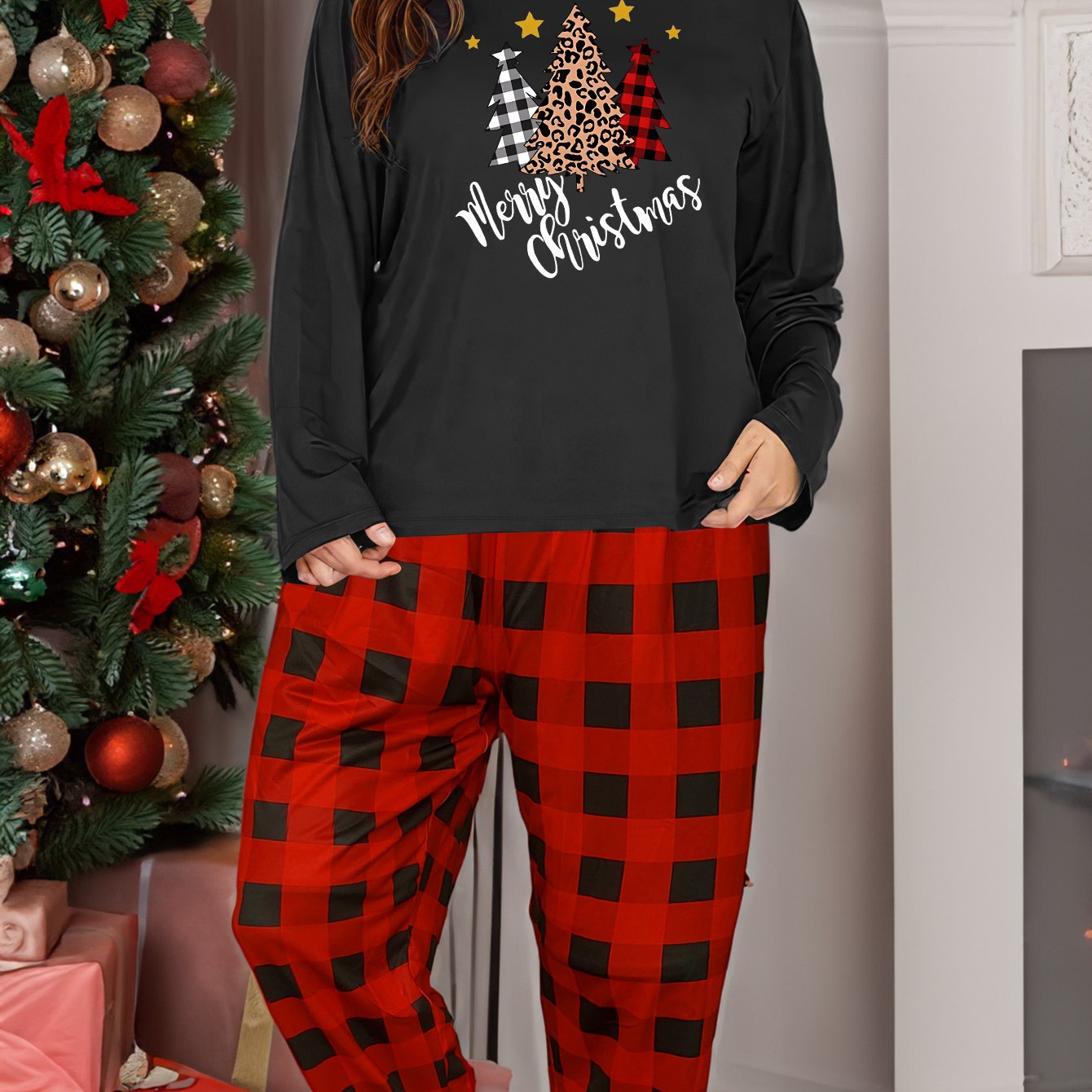Christmas Lounge Set: Tree & Letter Print Tee & Plaid Pants Pajamas