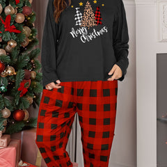 Christmas Lounge Set: Tree & Letter Print Tee & Plaid Pants Pajamas