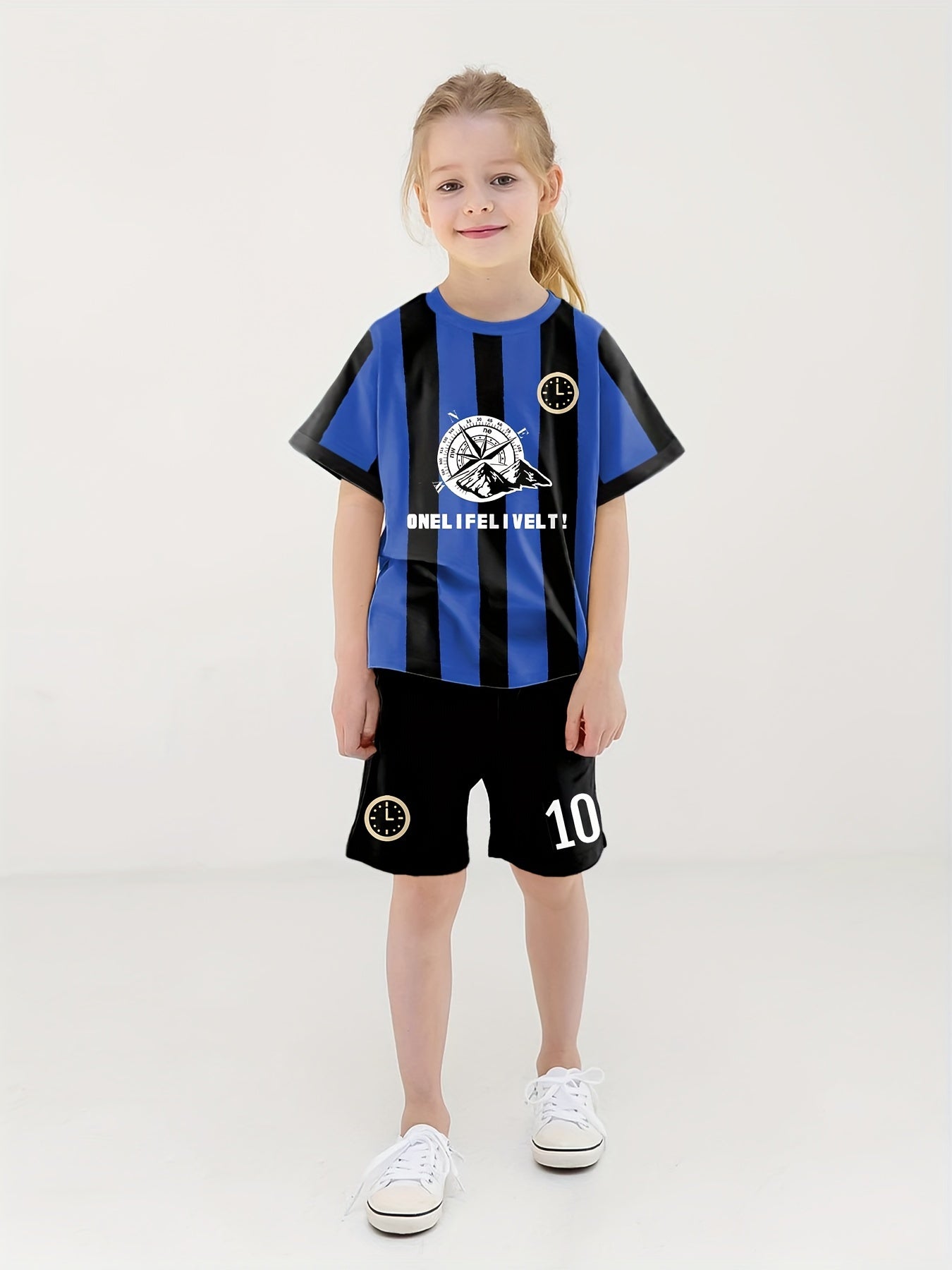 Girls Striped Letter & Number Print 2pcs Jersey Tee & Shorts Set