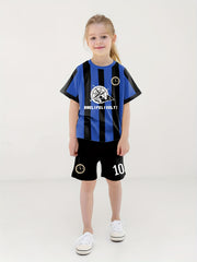 Girls Striped Letter & Number Print 2pcs Jersey Tee & Shorts Set