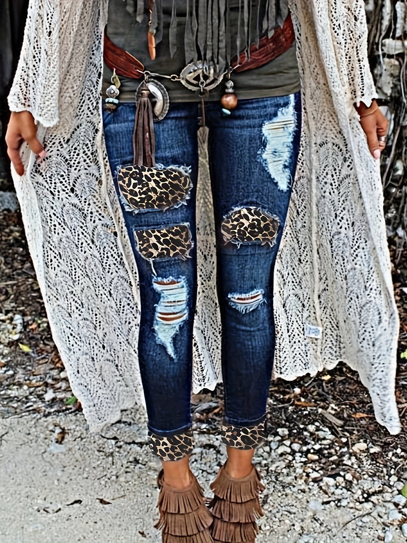 Colorblock Leopard Print High Rise Skinny Jeans