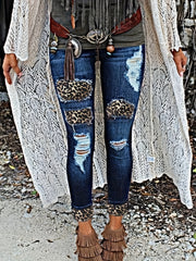 Colorblock Leopard Print High Rise Skinny Jeans