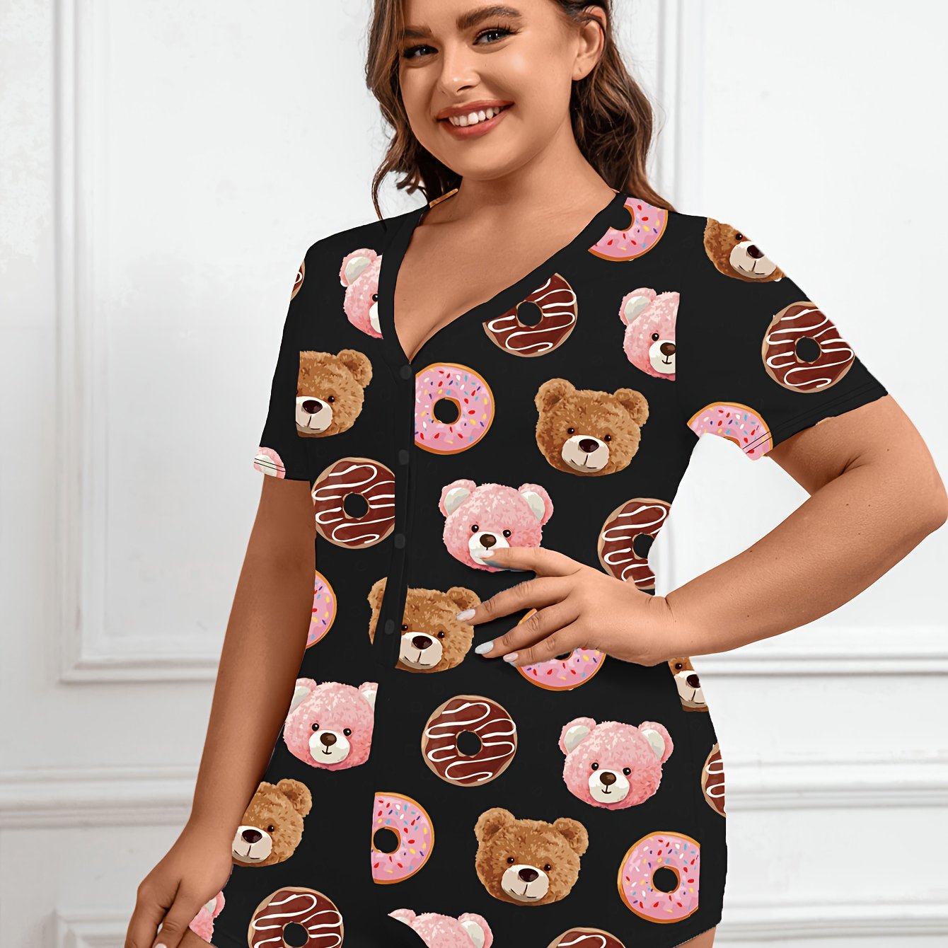 Donut & Bear Print Short Sleeve Button Up Loungewear Romper
