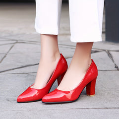 Red Chunky High Heels Pointed Toe Patent Leather Slip On Court Pumps