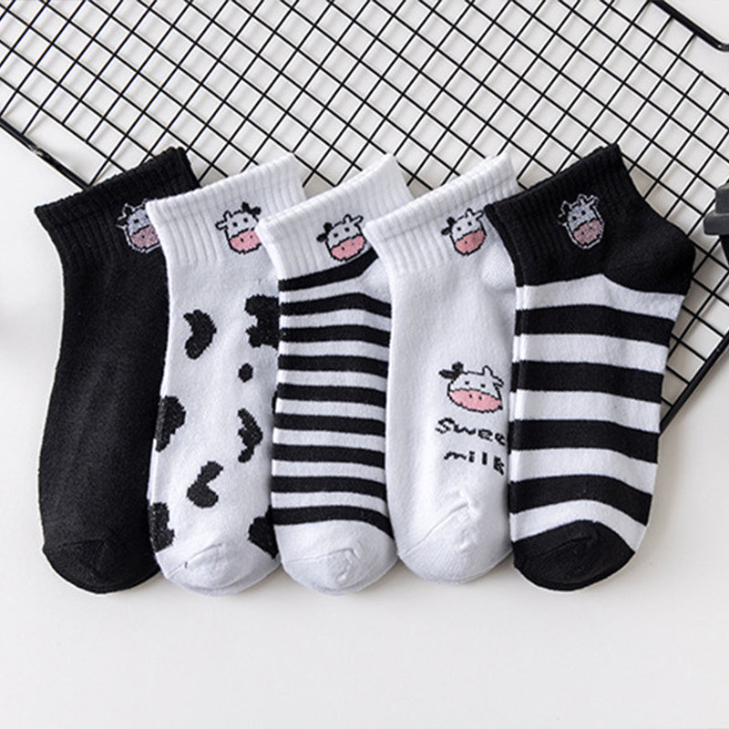 5 Pairs Mixed Pattern Socks Cow Spots Striped Ankle Women's Stockings