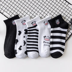 5 Pairs Mixed Pattern Socks Cow Spots Striped Ankle Women's Stockings