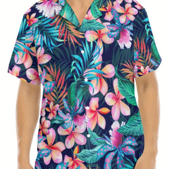 Tropical Flower Print Hawaiian Shirt Short Sleeve for Men