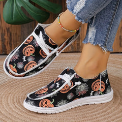 Women's Pumpkin Print Canvas Shoes Casual Lace Up Low Top Loafers Lightweight