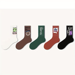 Men's Cartoon Letter Crew Socks Breathable Cotton Blend Comfy Casual Unisex Outd