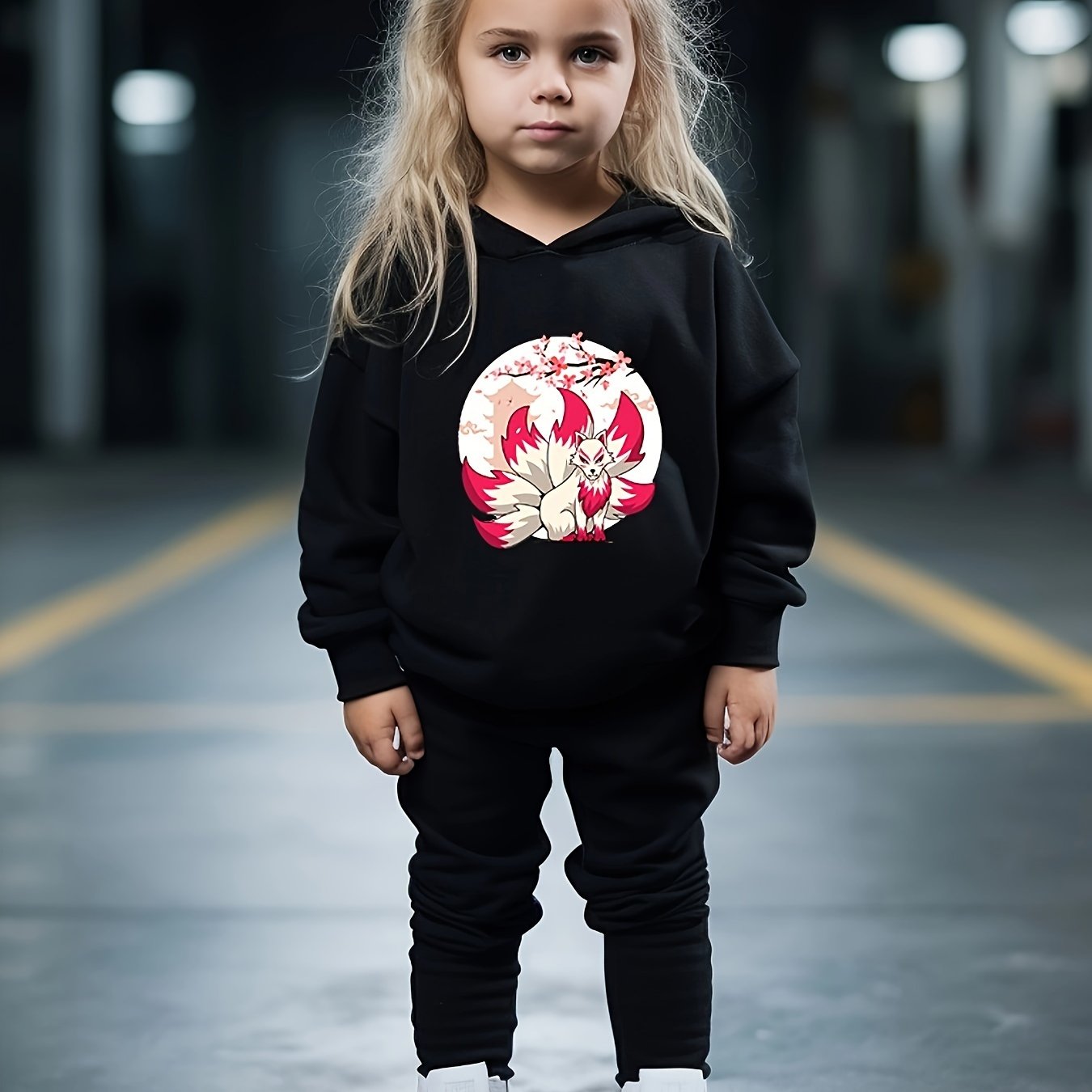 Girls 2pc Fox Pattern Hooded Sweatshirt Solid Sweatpants Set