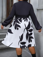 Colorblock Leaf Print Long Sleeve Dress With Belt