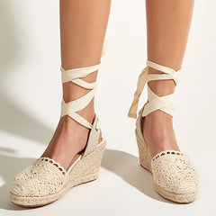Women's Lace Up Wedge Espadrilles Sandals Lightweight Cross Strap Beach Shoes