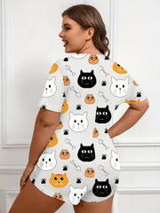 Cartoon Cat Print Pajama Romper Women's Bodysuit
