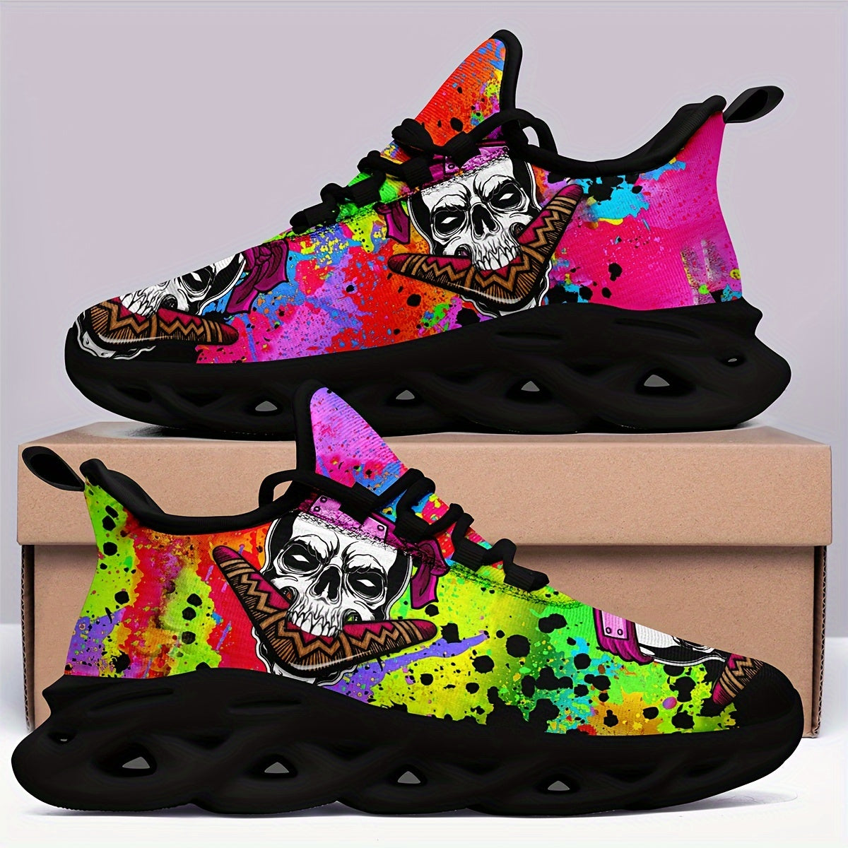 Skull & Tie dye Thick Sole Running Shoes Breathable Lightweight Sneakers