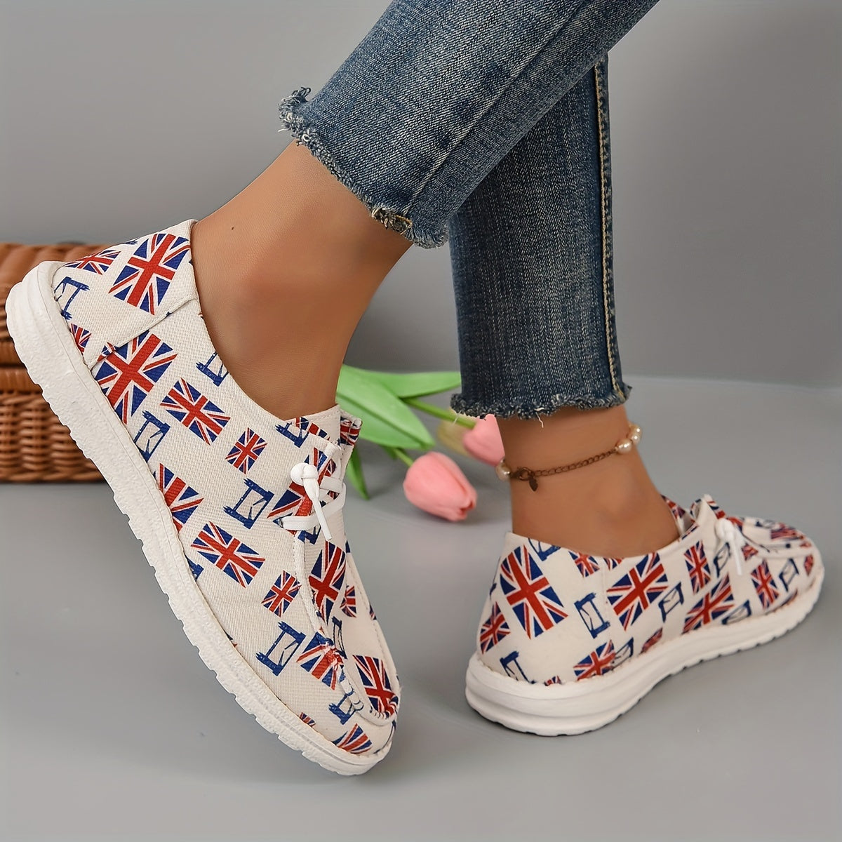 Women's Flag Pattern Boat Shoes Lace Up Slip on Canvas Shoes