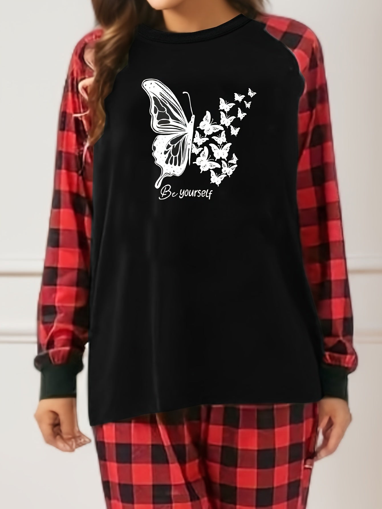 Colorblock Gingham & Butterfly Print 2pc Set
