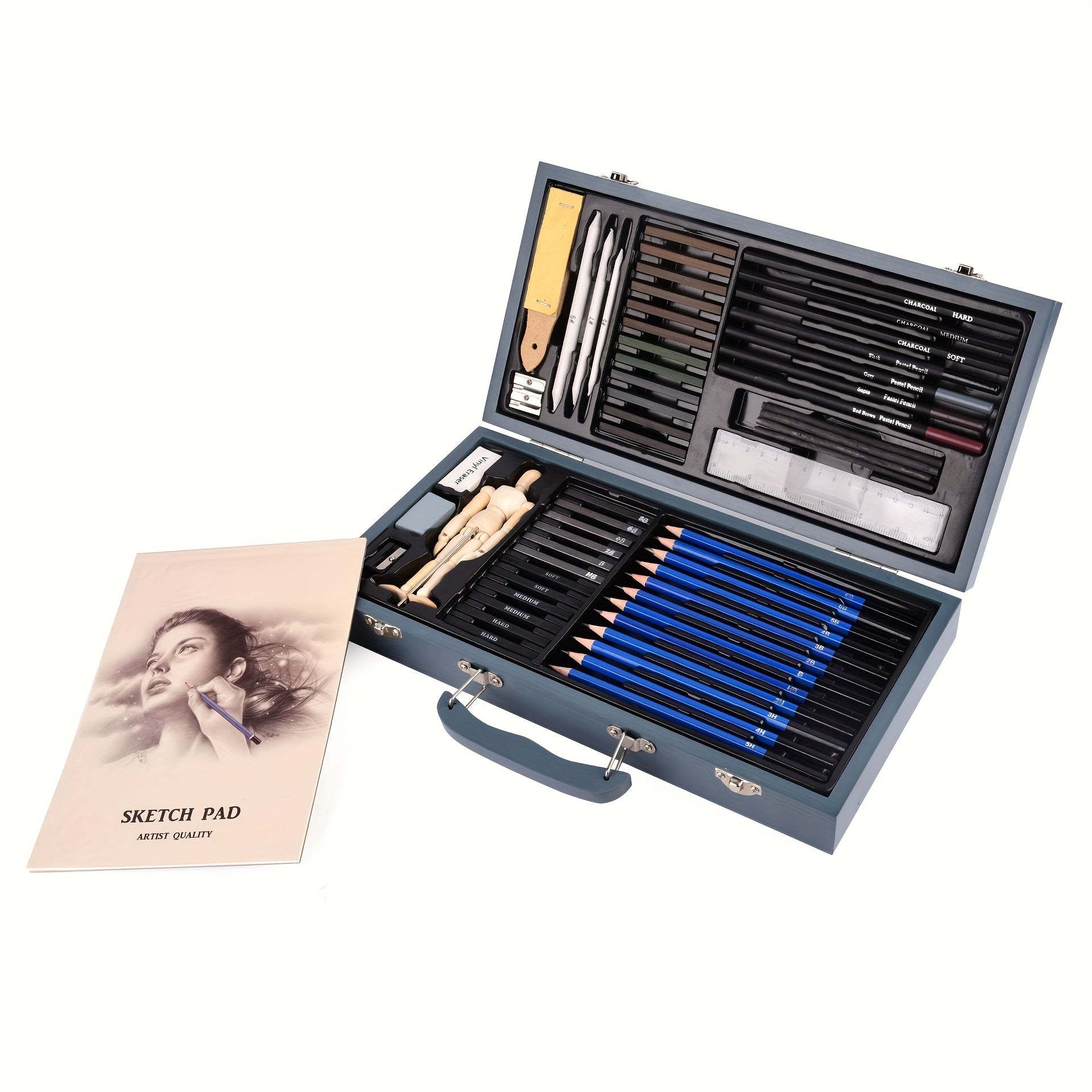 60pcs Wooden Box Sketching Pencil Set Art Drawing Sketching Charcoal Drawing Set