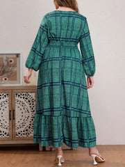 Plus Size Grid Print Long Sleeve V Neck Maxi Dress