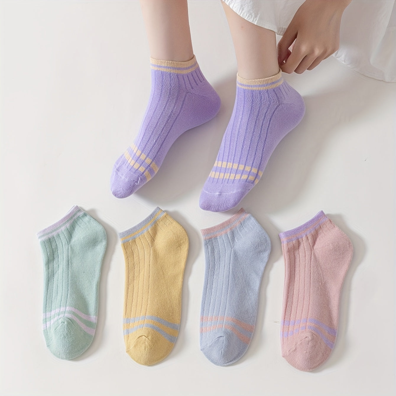 5 Pairs Women's Striped Ankle Socks Low Cut Soft Lightweight Stockings