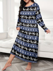 Christmas Lounge Dress Elk & Heart Stripe Print Long Sleeve Te