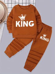 Boy's KING Print 2pcs Sweatshirt & Sweatpants Set Cartoon Crown Pattern