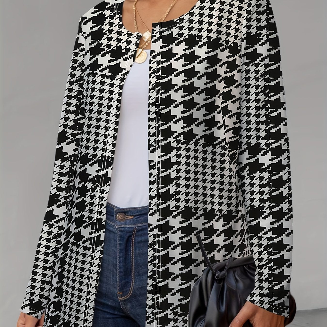 Houndstooth Print Open Front Jacket Long Sleeve Outerwear