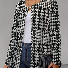 Houndstooth Print Open Front Jacket Long Sleeve Outerwear