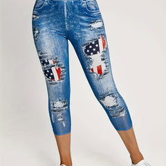 American Flag Print Cropped Leggings Skinny Casual Leggings Women's Clothing