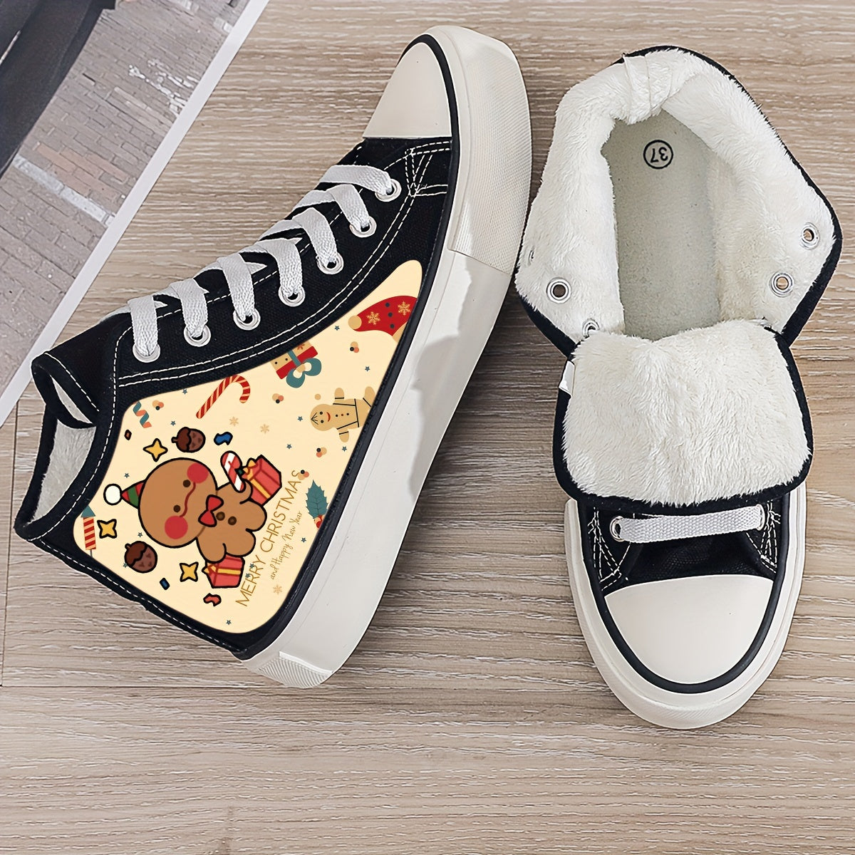 Christmas Cartoon Print Plush Lined Thermal Chunky Canvas Sneakers