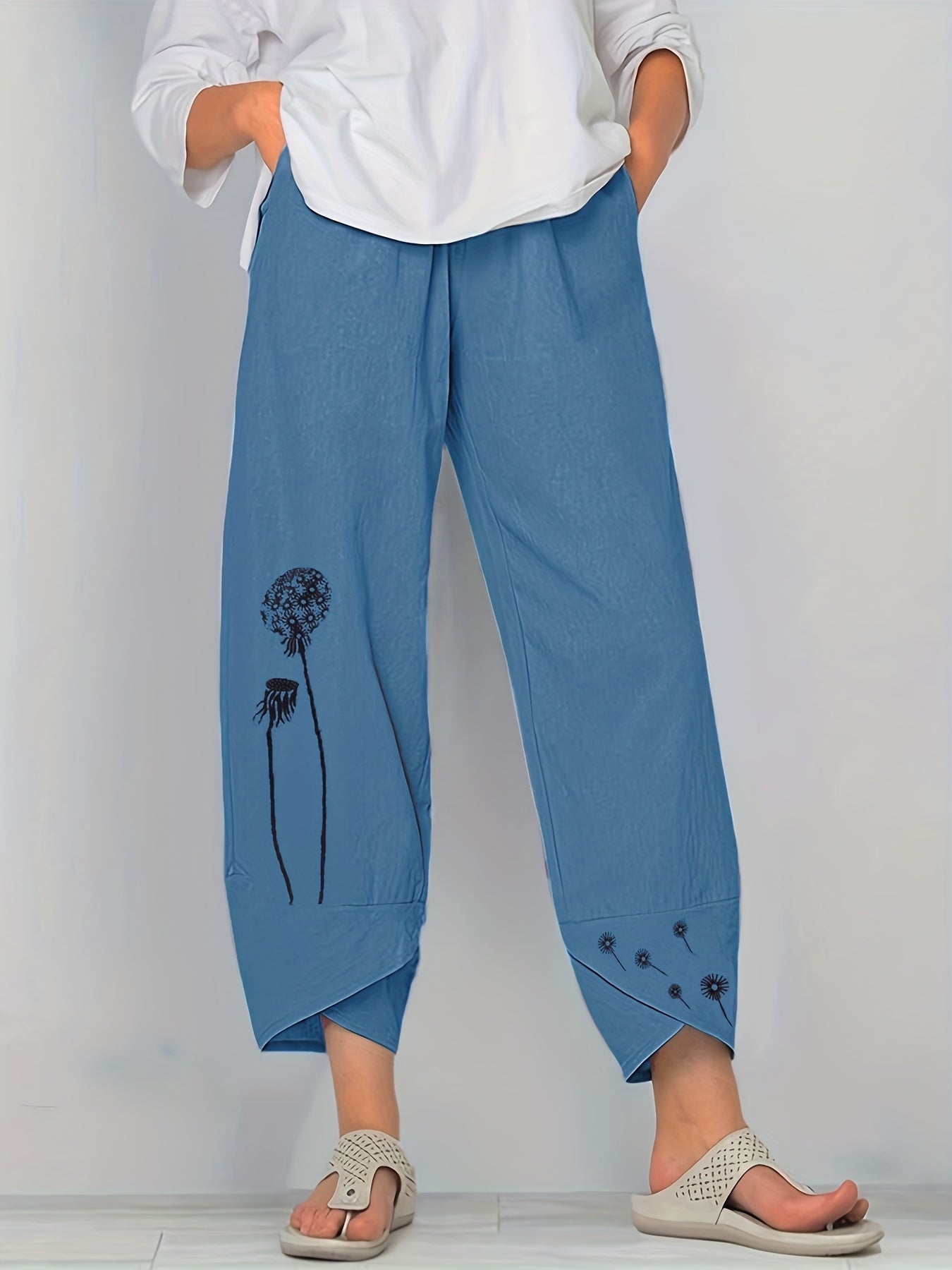 Boho Dandelion Print Harem Pants High Waist Summer Cropped Pants