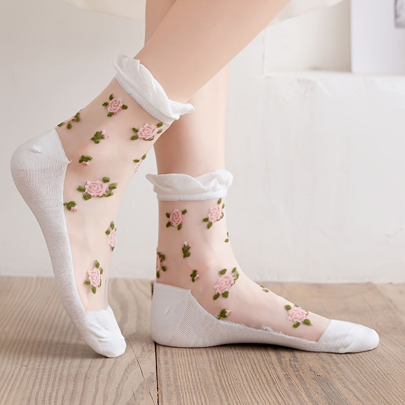 5 Pairs Floral Print Tulle Socks Lightweight & Breathable